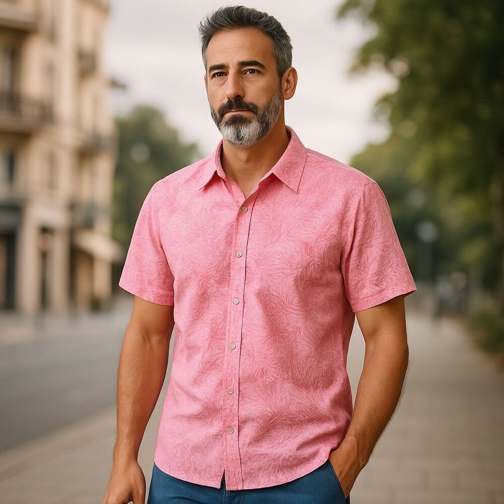 Pete Huntington Handcrafted Bali Pink Palm Leaf Shirt XL 100% Cotton Hawaiian Al